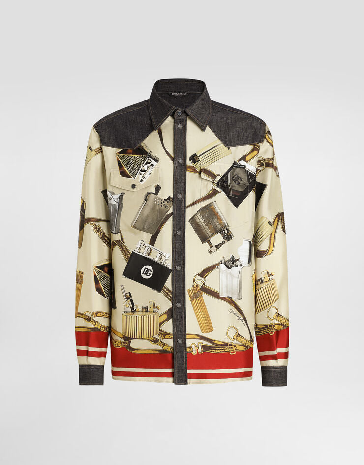 Camicia in seta e denim con stampa chiara