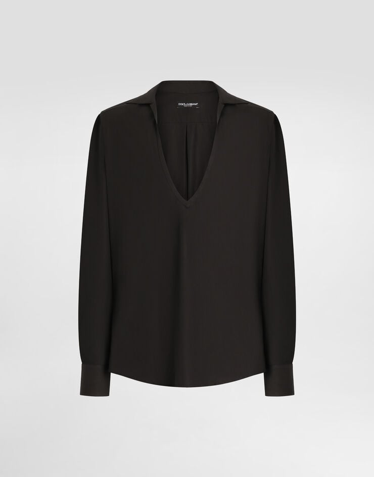 Camisa de popelina de algodón de manga larga y cuello en V