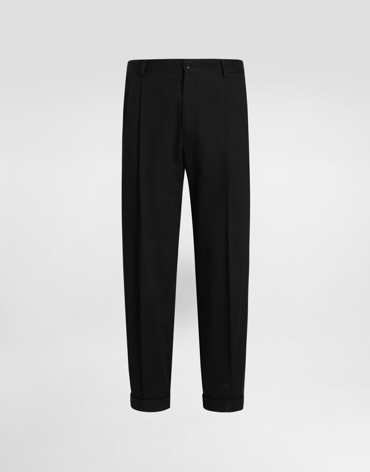 Calças de gabardine de algodão com pregas duplas