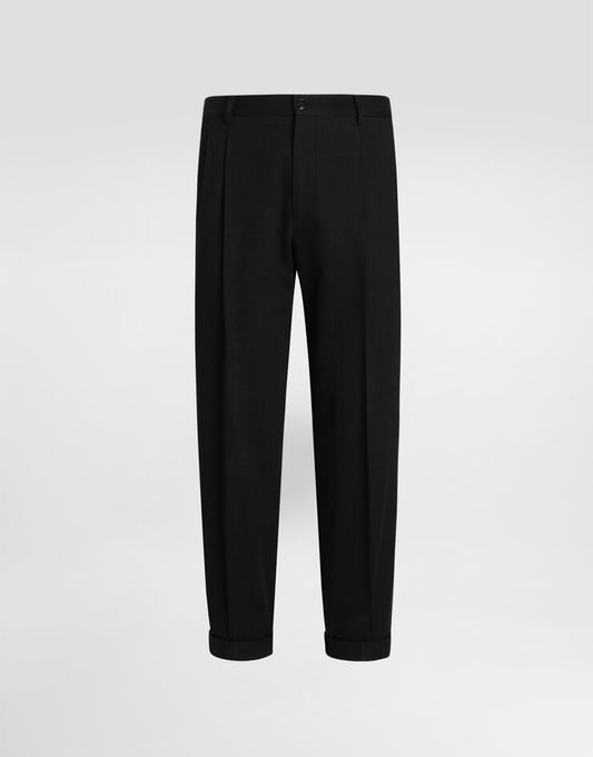 Calças de gabardine de algodão com pregas duplas