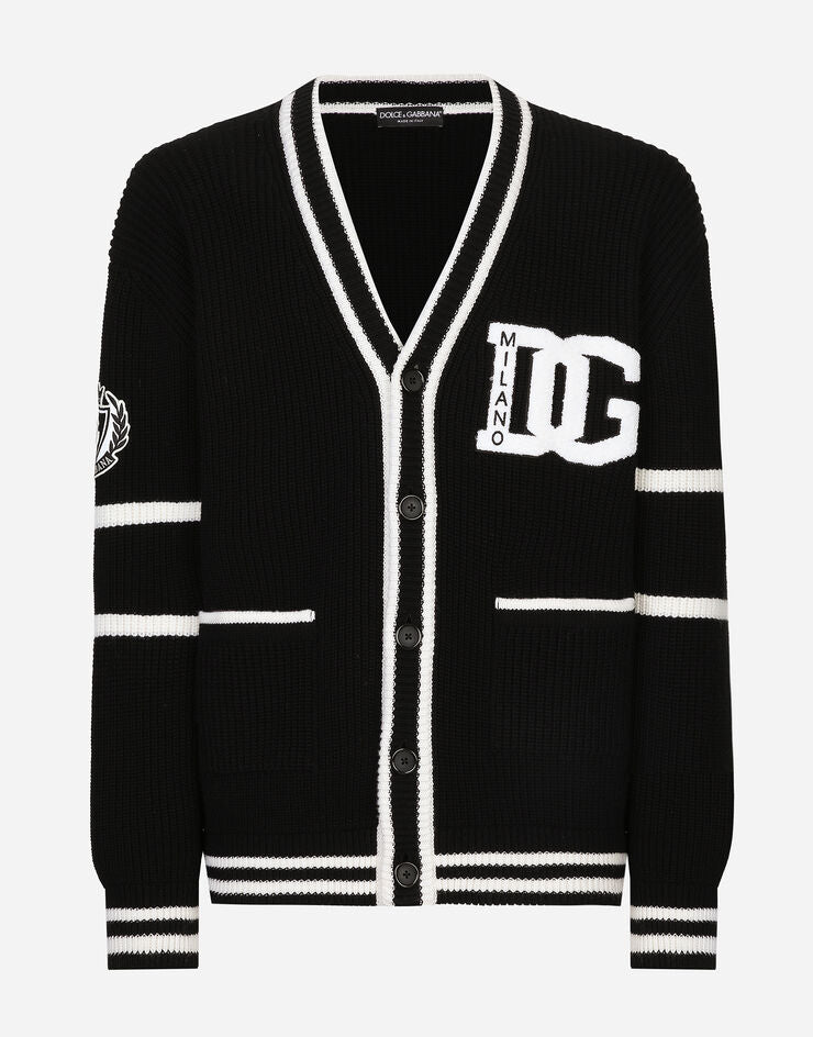 Wool Fisherman's Rib-Knit Cardigan with DG Logo Patch