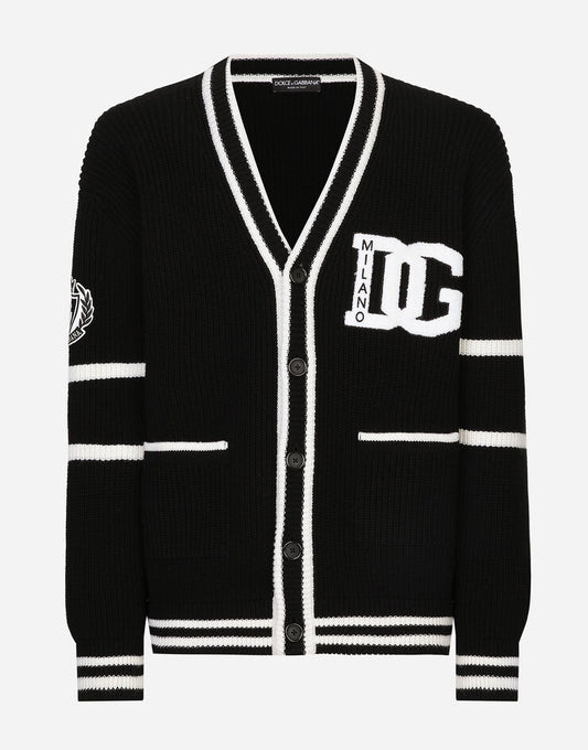 Wool Fisherman's Rib-Knit Cardigan with DG Logo Patch