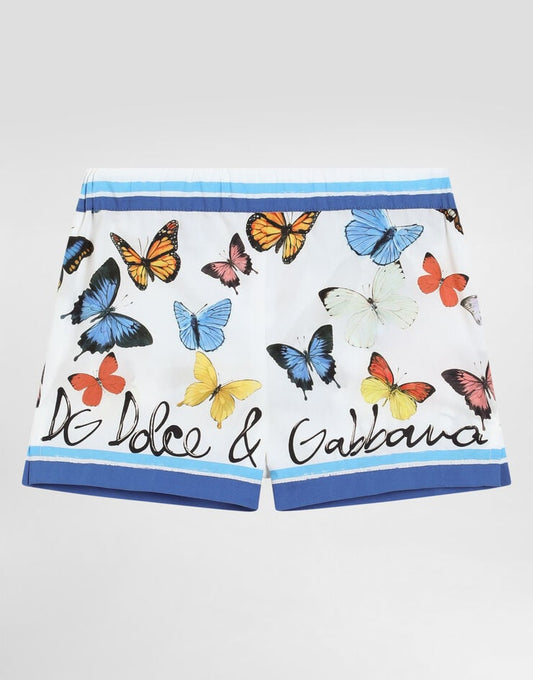 Pantaloncini in popeline a righe con stampa di farfalle