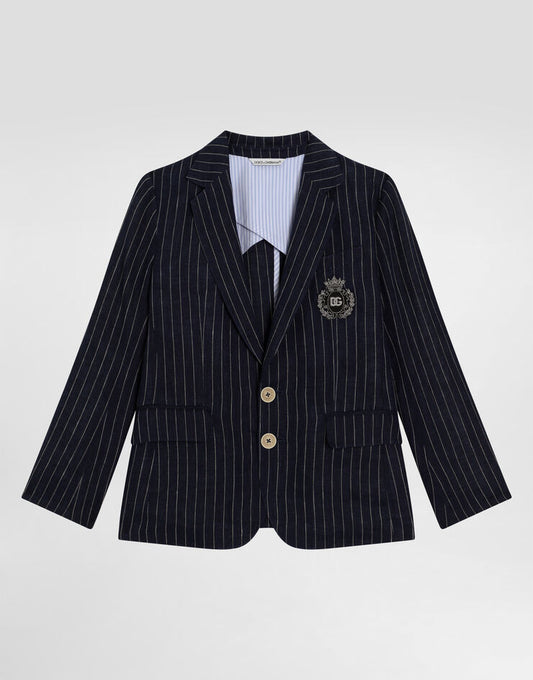 Chaqueta de lino a rayas con parche y botonadura sencilla