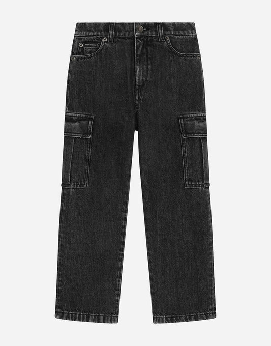 Jeans Cargo 5 tasche in denim con etichetta del marchio