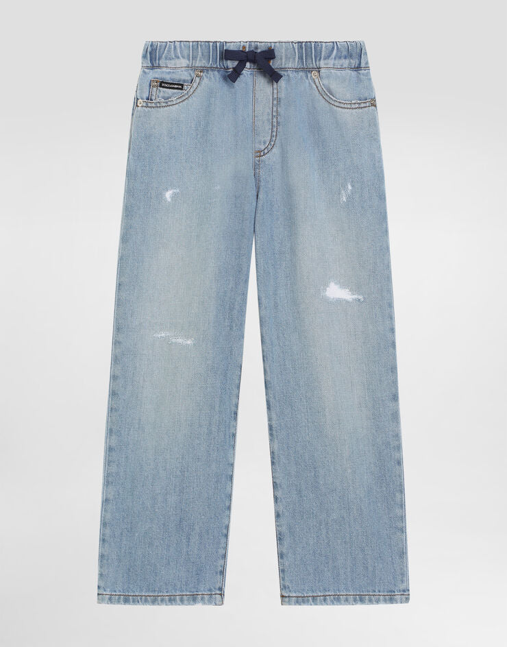 Jeans in denim a 5 tasche con etichetta con marchio