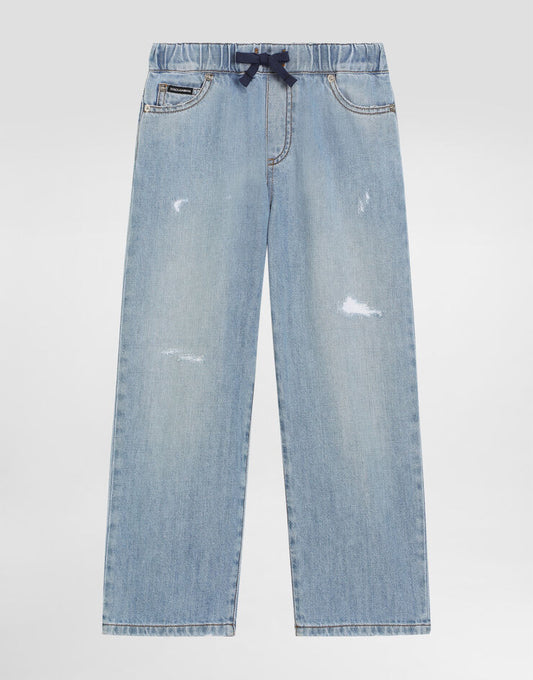 Jeans in denim a 5 tasche con etichetta con marchio