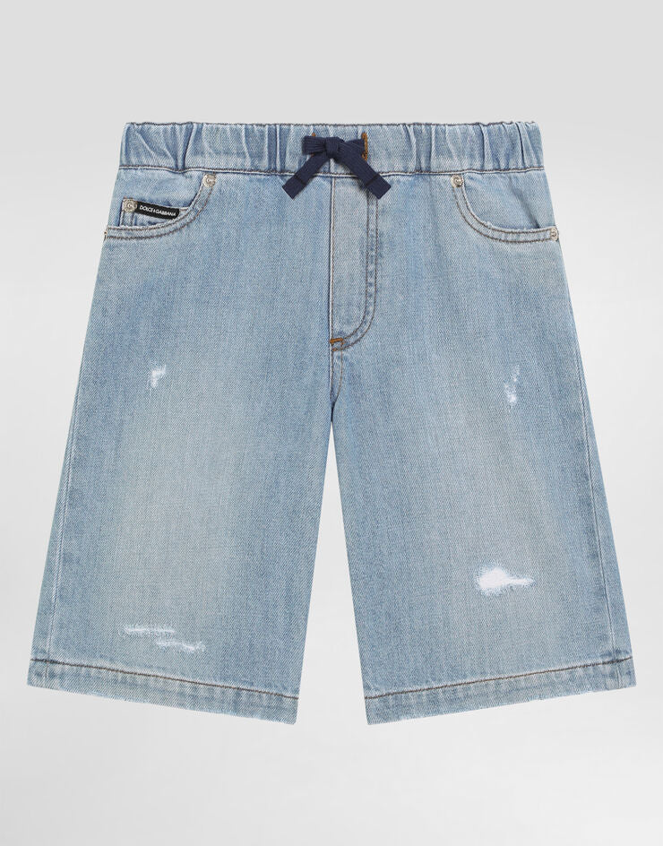 Pantaloncini in denim a 5 tasche con segni di usura