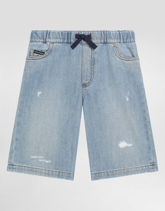 Pantaloncini in denim a 5 tasche con segni di usura