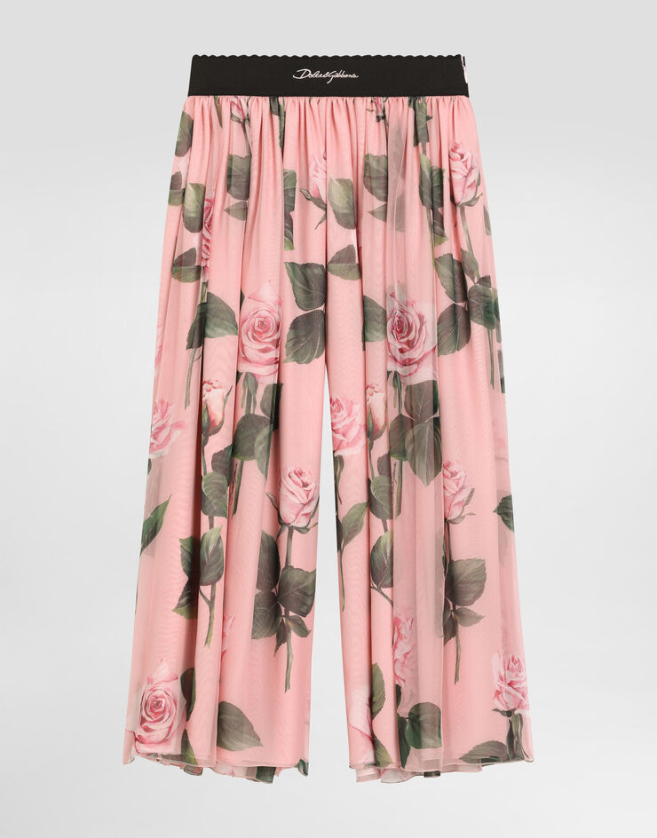 Pantaloni in chiffon con stampa di rose e logo Dolce & Gabbana