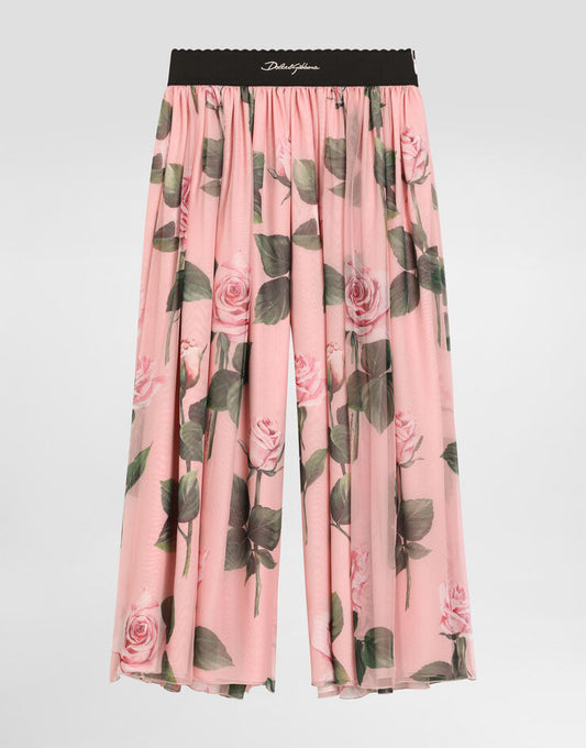 Pantaloni in chiffon con stampa di rose e logo Dolce & Gabbana