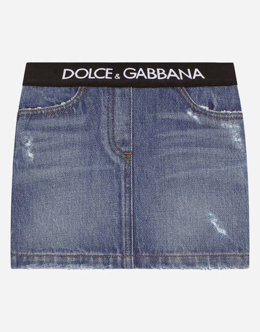 Gonna corta in denim con elastico in vita del marchio