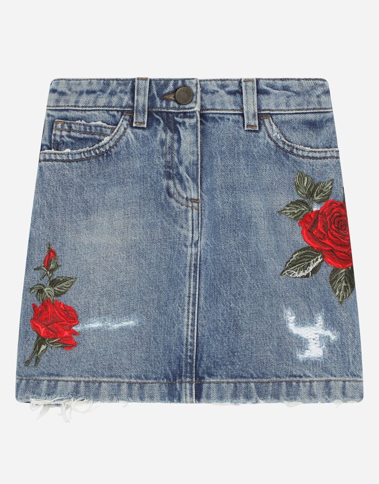 Gonna in denim con toppa a forma di rosa e 5 tasche