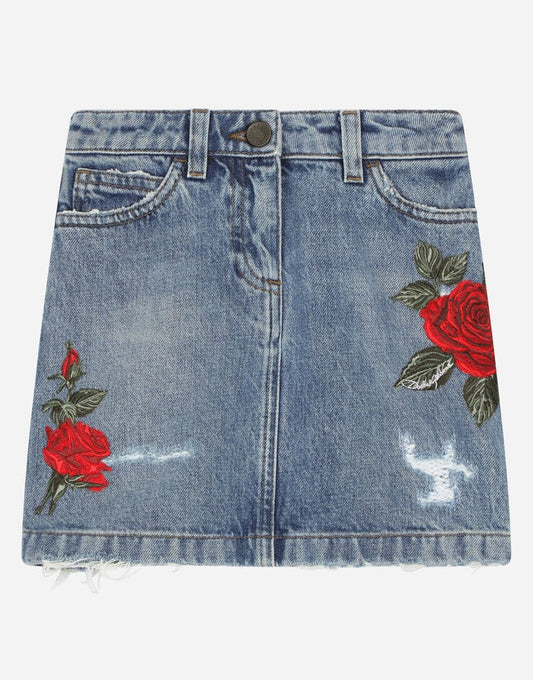 Gonna in denim con toppa a forma di rosa e 5 tasche