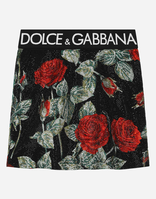 Minigonna in charmeuse con fascia elastica in vita e stampa di rose