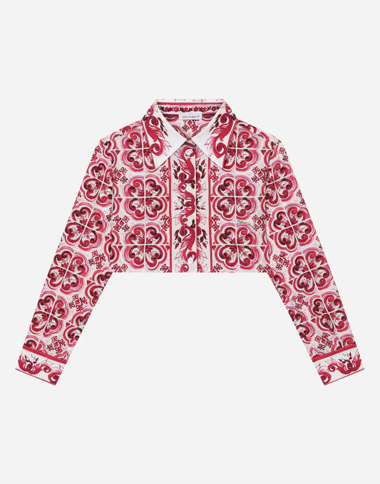 Camicia in popeline a maniche lunghe con stampa maiolica