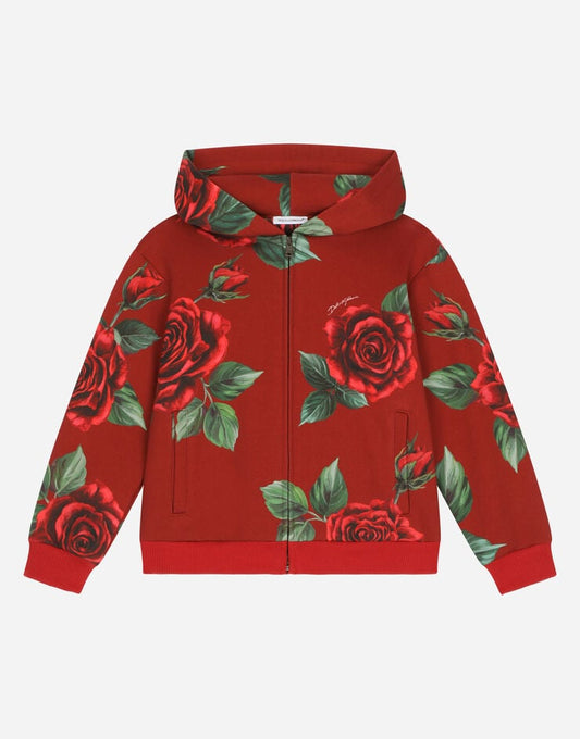 Felpa con cappuccio in jersey con stampa a rose
