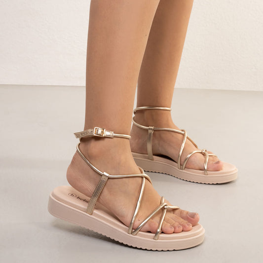 Women's Wedge Sandals with Straps and Buckle - Gold by Bebece