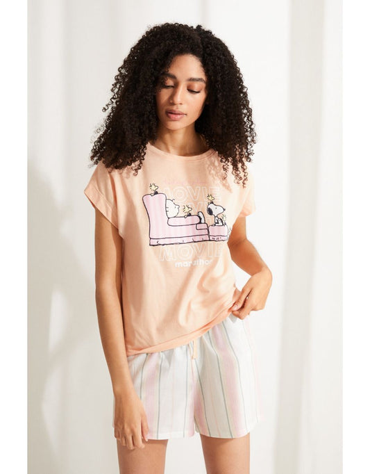 Pijama de algodão do Snoopy com listras curtas multicoloridas