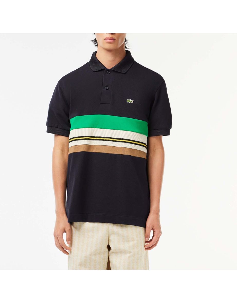 Camisa polo masculina Lacoste azul de fabricação francesa com listras contrastantes
