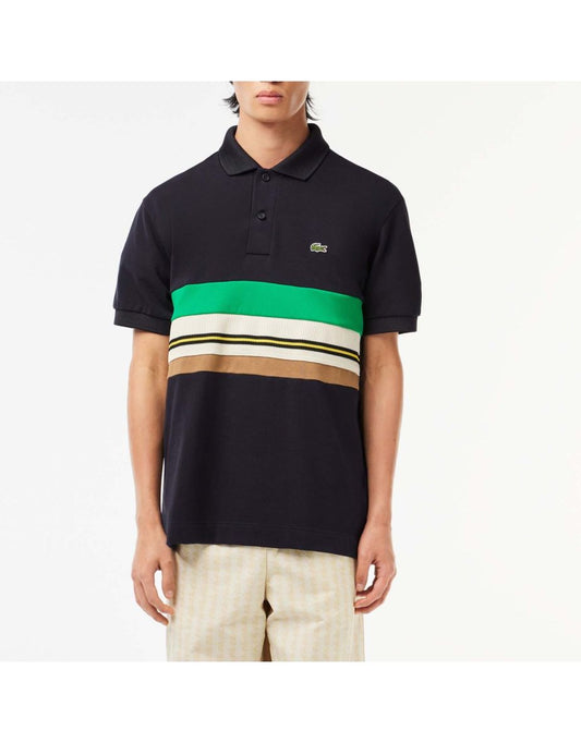 Camisa polo masculina Lacoste azul de fabricação francesa com listras contrastantes