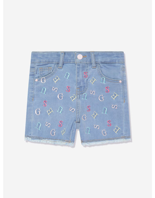 Pantaloncini da bambina in denim blu con logo