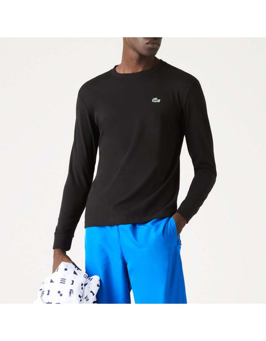 Camiseta masculina com logotipo de crocodilo em malha técnica com nervuras, Lacoste, preta