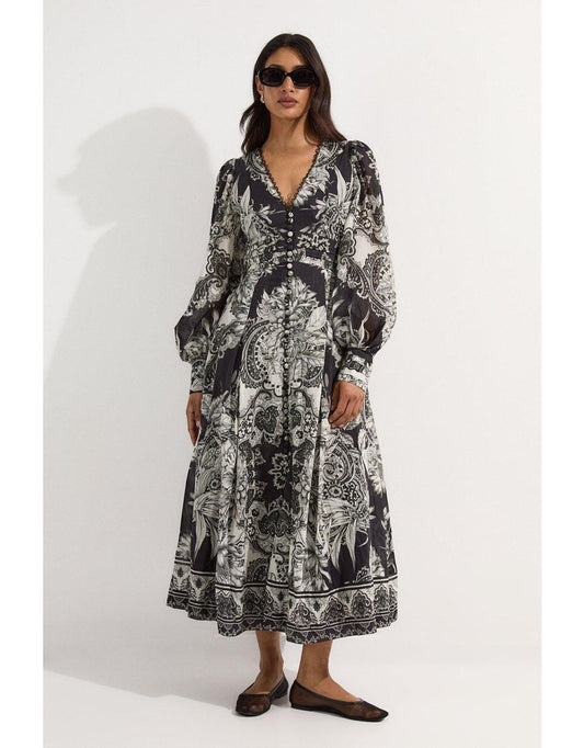 Vestido midi de tecido com decote profundo de seda e algodão