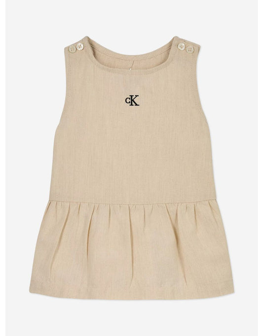 Vestido de linho bege em tecido para bebê menina