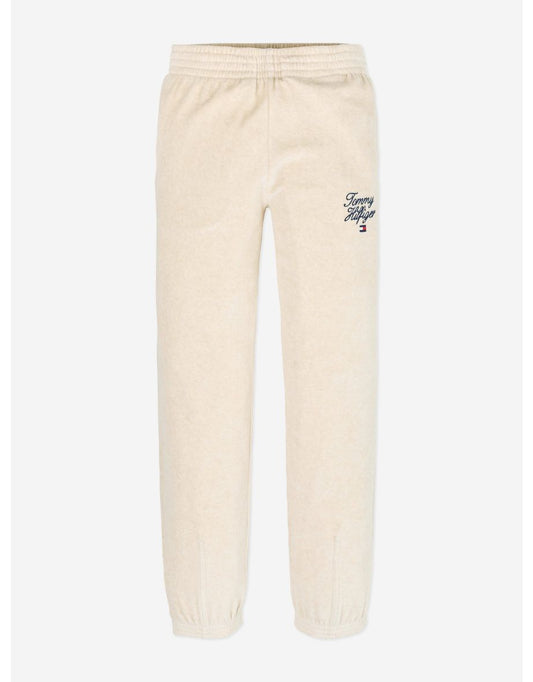 Pantaloni in velluto con logo Script da bambina di Tommy Hilfiger in beige