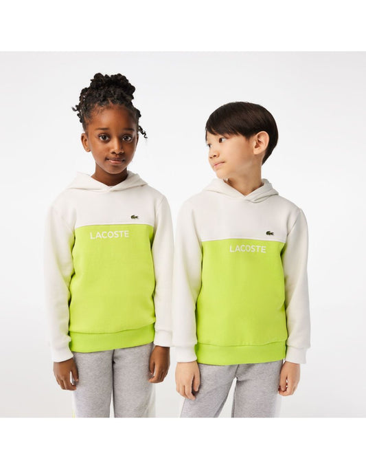Sudadera infantil Lacoste con capucha de franela de algodón y bloques de color en blanco