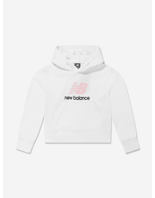 Moletom com capuz com logotipo empilhado e felpudo francês branco para meninas da New Balance