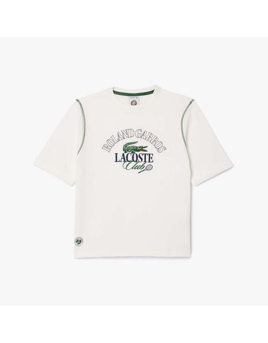 Maglietta Lacoste Roland-Garros Edition da donna in cotone dal taglio rilassato color crema