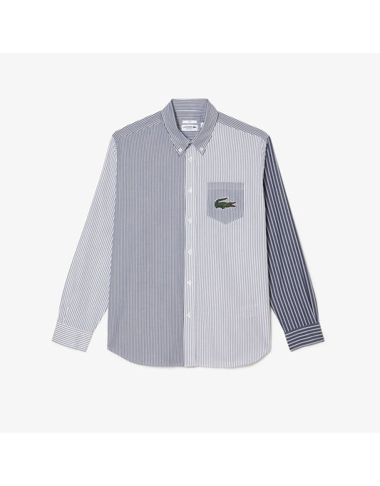 Camisa masculina Lacoste de algodão listrada com crocodilo grande