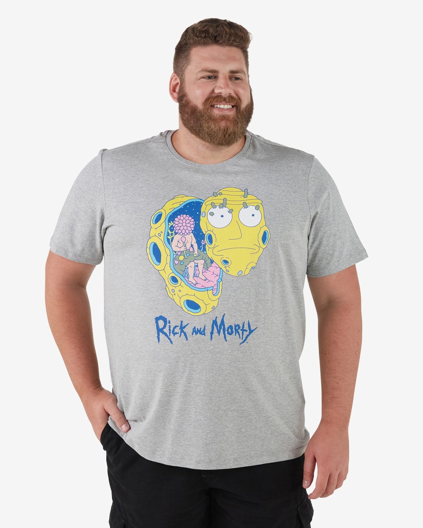 Camiseta masculina Plus Size de manga curta Rick and Morty em cinza-acinzentado