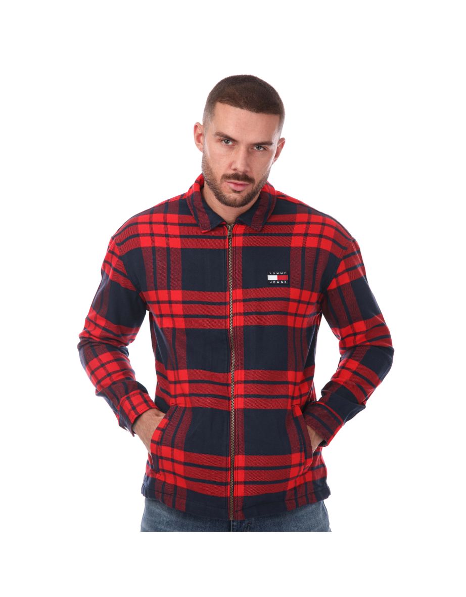 Men's Tommy Hilfiger Zip-Through Checkered Overshirt in Red