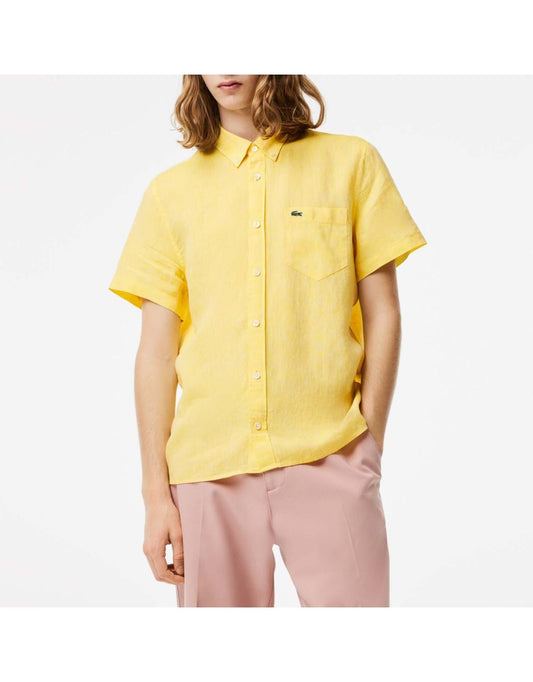 Camicia Lacoste da uomo in lino giallo a maniche corte