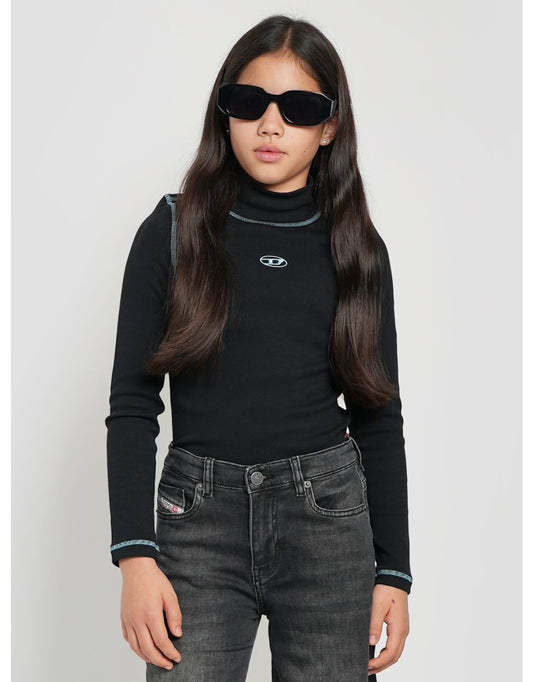 Camiseta con logo de cuello alto negra para niña Diesel