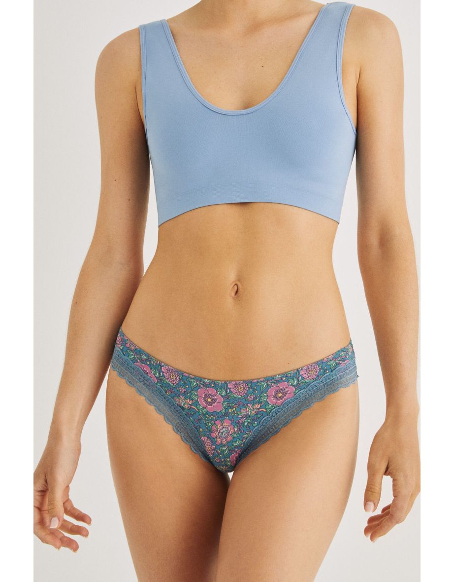 Panty in microfibra floreale e pizzo verde acqua