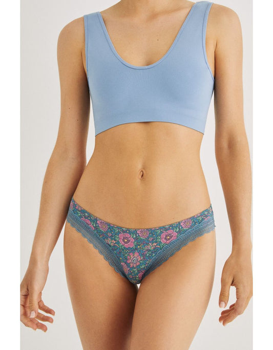 Panty in microfibra floreale e pizzo verde acqua