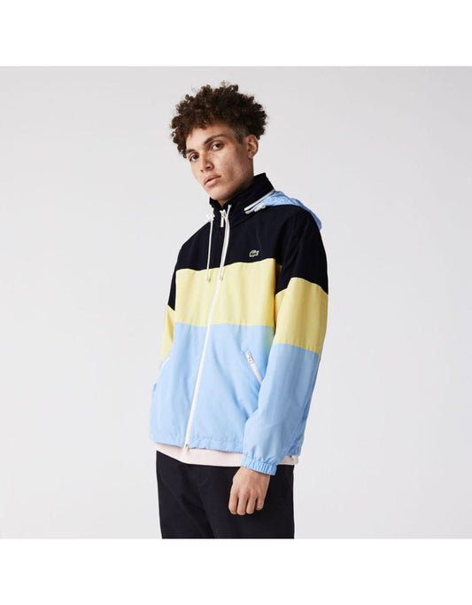 Jaqueta Lacoste masculina de bloco colorido resistente à água com capuz oculto