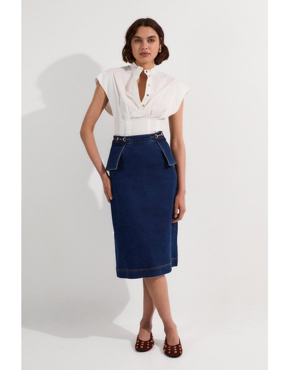 Gonna midi Petite in denim elasticizzato con bordo a fiocco