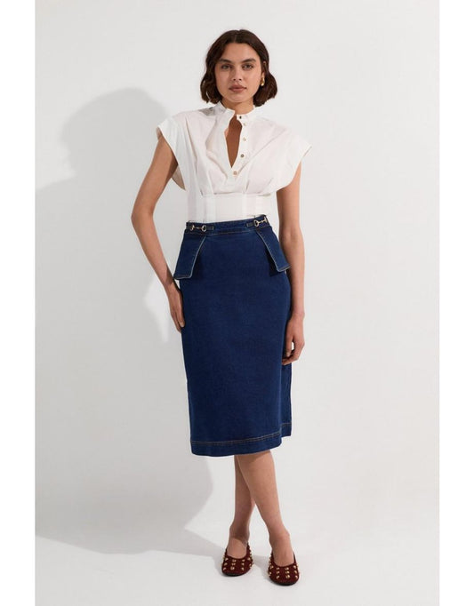 Gonna midi Petite in denim elasticizzato con bordo a fiocco