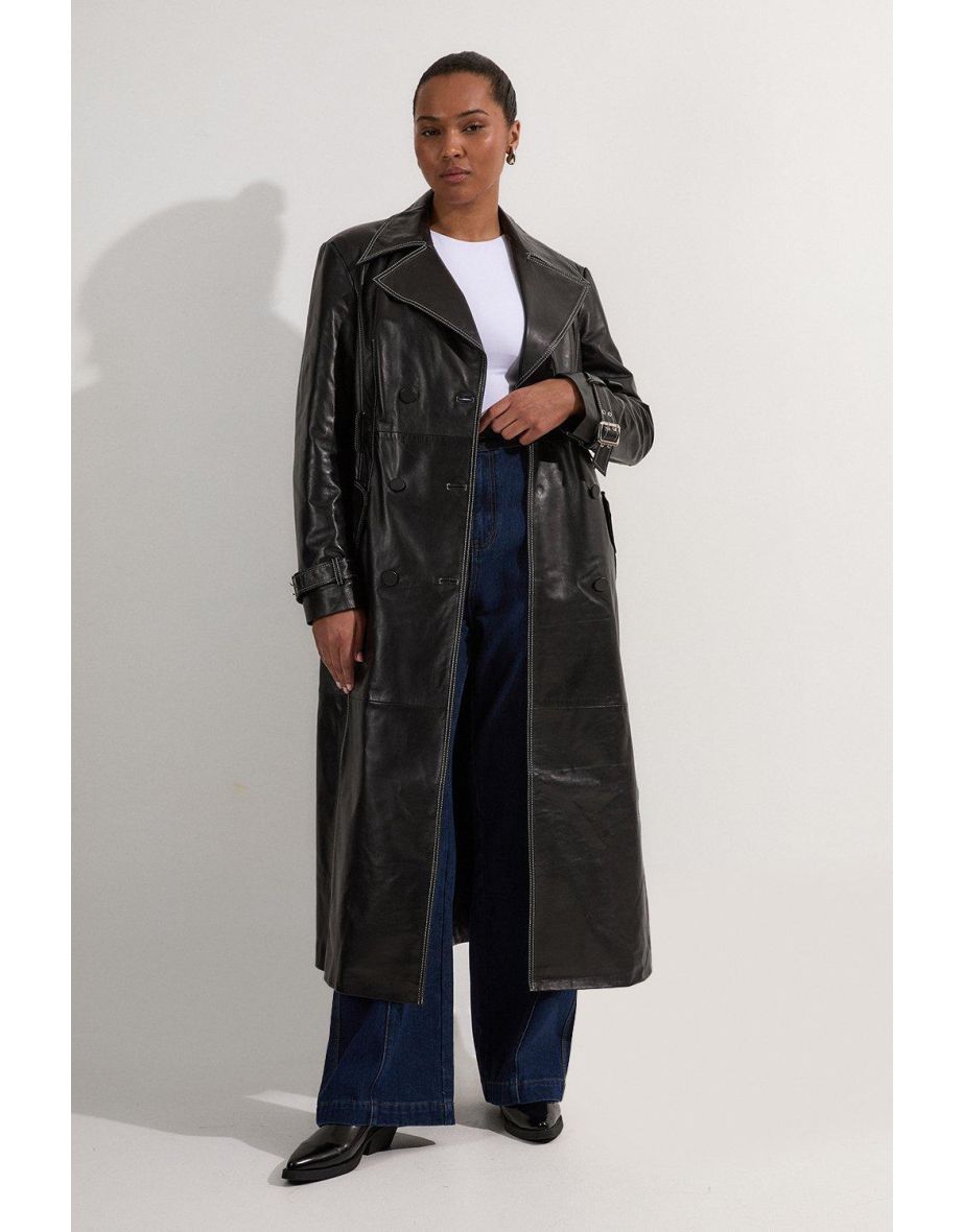 Trench sartoriale taglie forti con dettagli in pelle