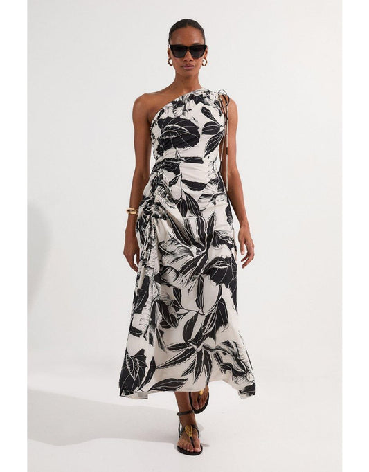 Vestido midi de un hombro en voile de algodón con estampado de palmeras altas