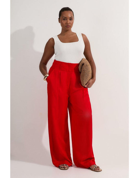 Pantaloni sartoriali a gamba larga Plus Size in viscosa e lino