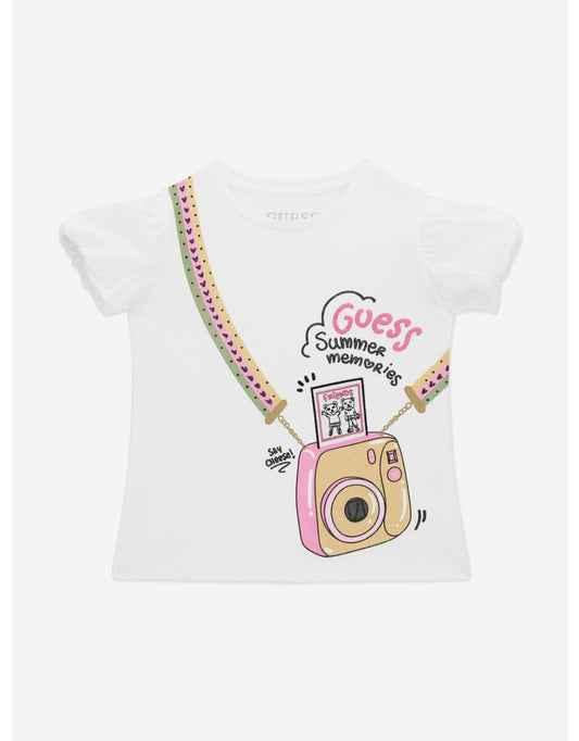 Camiseta blanca de niña con estampado de cámara
