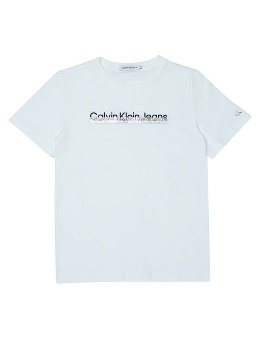 Maglietta Calvin Klein Junior da ragazzo in cotone organico con logo metallizzato in bianco