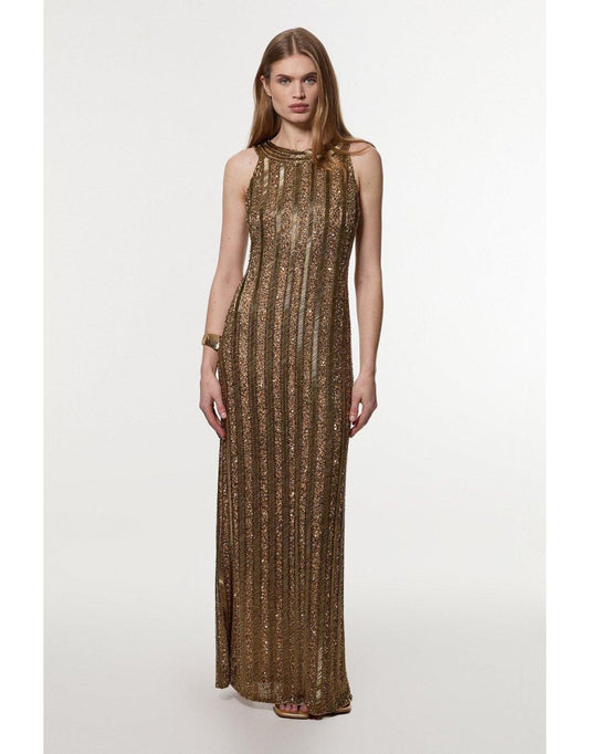 Vestido Midi Petite Embellished and Beaded Woven Column