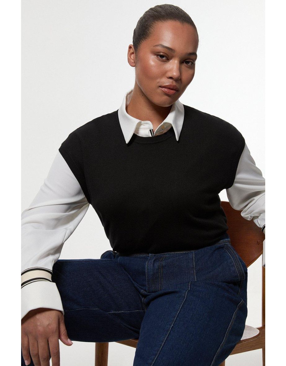 Camicia Plus Size in tessuto crepe con bordi a righe a contrasto